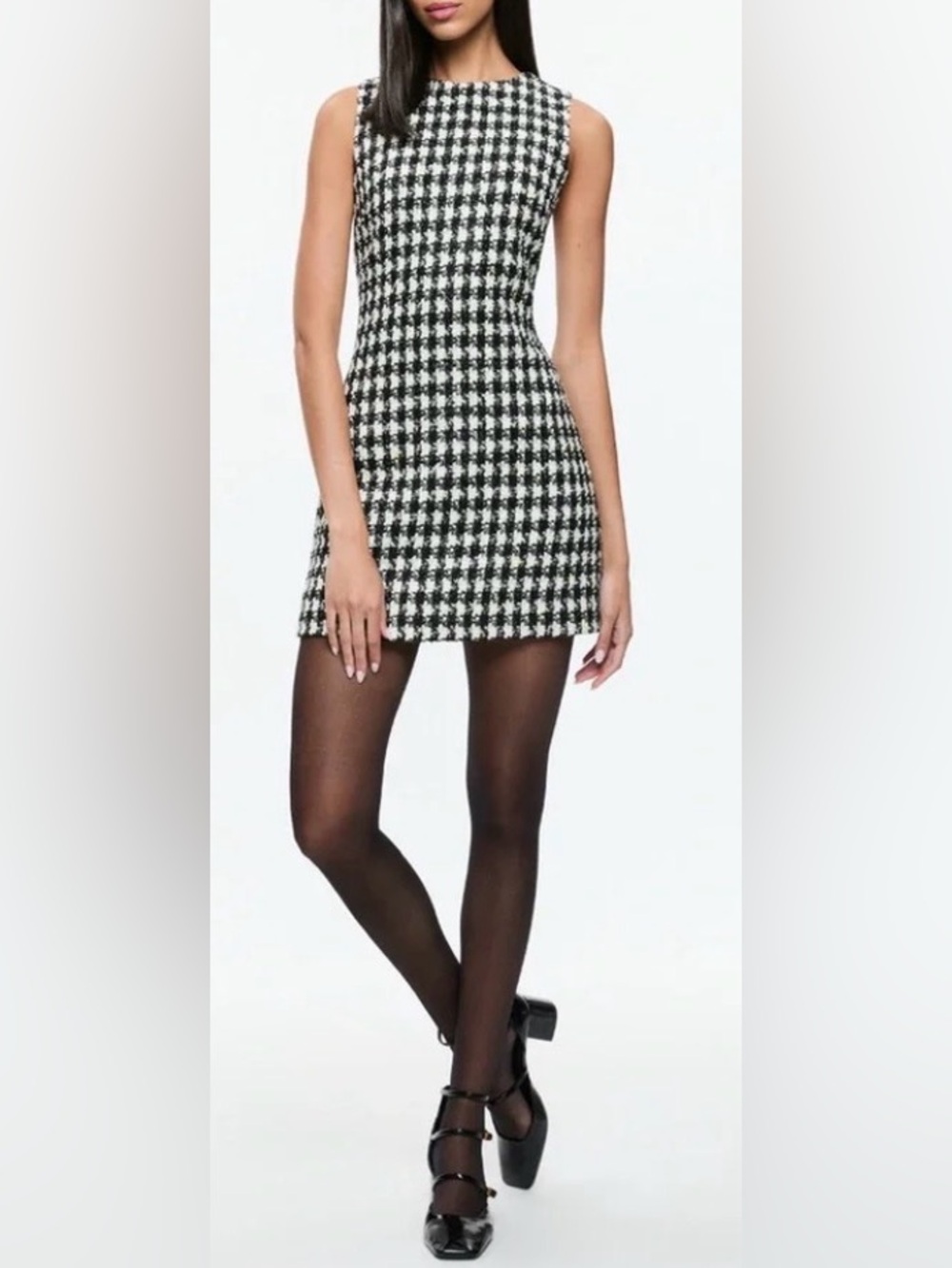 Alice + Olivia Clyde Checked Tweed Mini Dress. Black & white houndstooth. 14 NWT